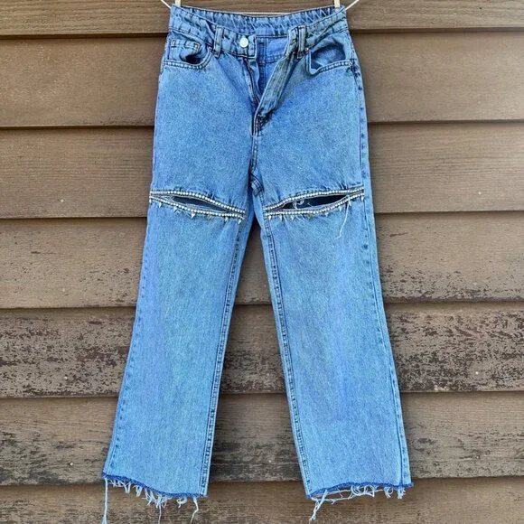 Distressed Blue Denim Jeans W/ Rhinestone Trim & Raw Hem For Women - Picture 1 of 14